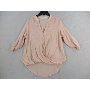 Simi Sue Womens Blush Pink High-Low Button-Front Blouse L Rayon Polyester